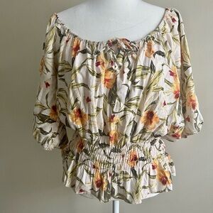 Tropical Flower Linen Blend Off The Shoulder Peasant Top Kenzie Jeans Large